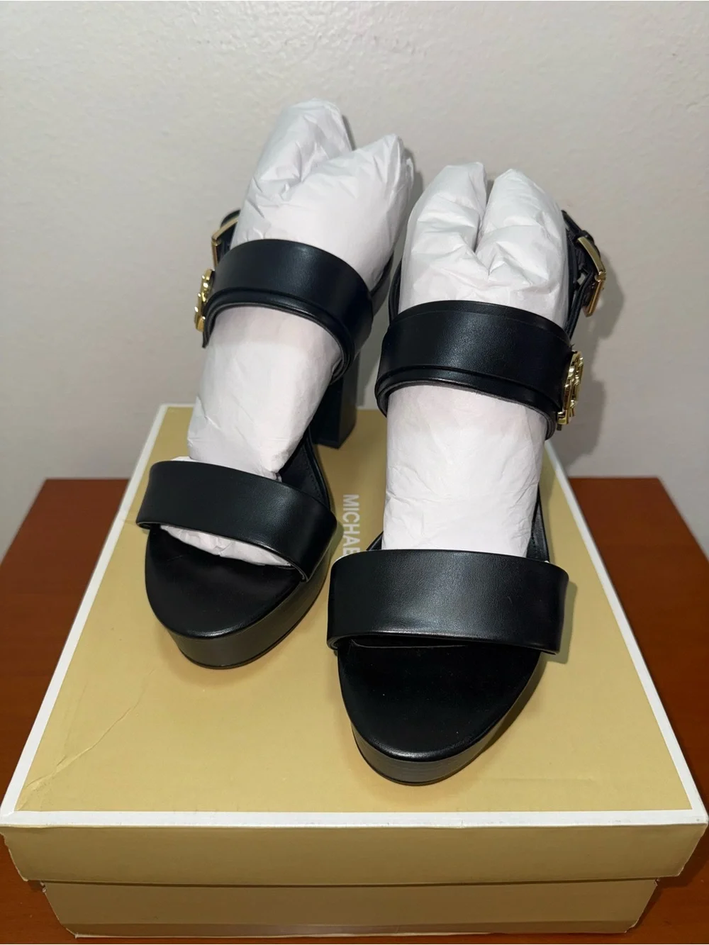 Michael Kors Black Leather Platform Block Heel Sandals with Gold MK Accent